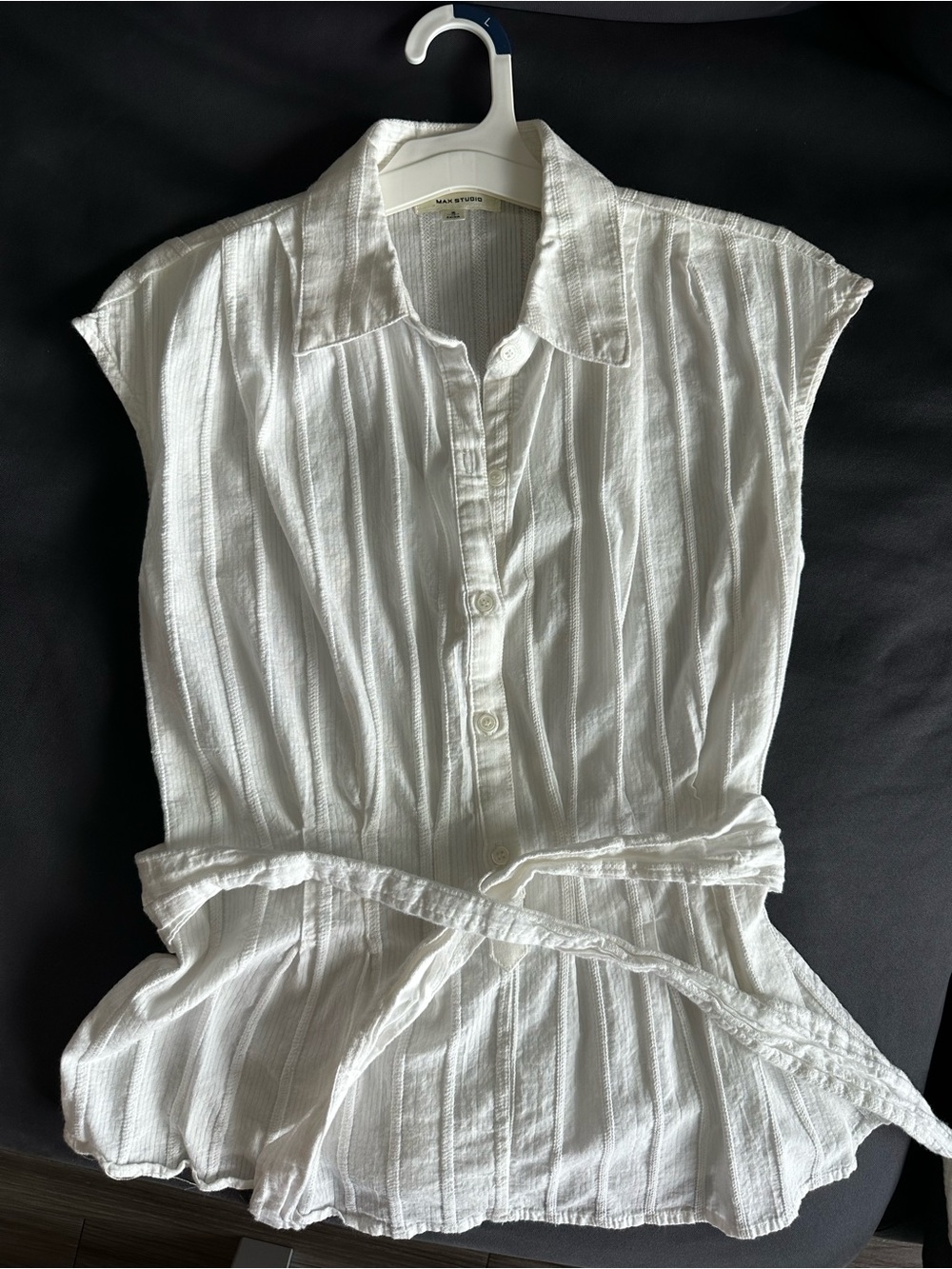 Max Studio White Cap-Sleeve Button-Front Blouse with Waist Tie